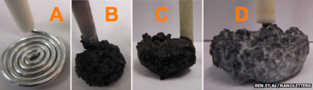 Les nanofibres de carbone sont produites graduellement sur l'une des électrodes de l'appareil